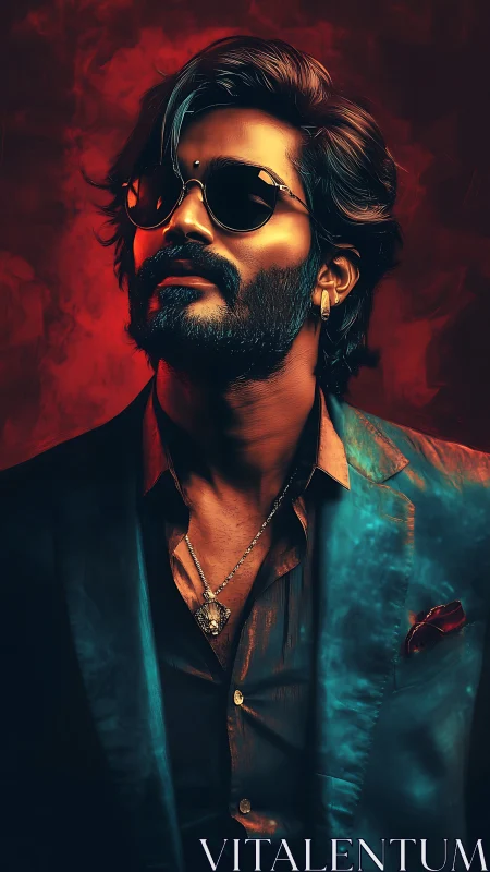 Charismatic bearded man stands in cinematic red teal glow