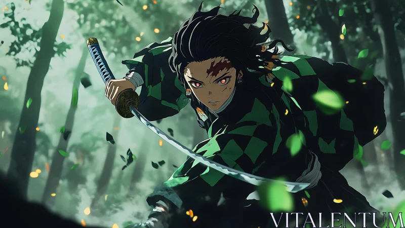 Anime forest swordsman in dynamic low-angle combat composition.