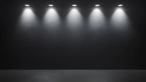 Minimalist dark gallery wall with five ceiling spotlights.