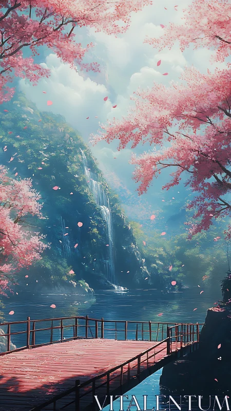 Pink wooden pier over lake beneath waterfalls and blossoms.