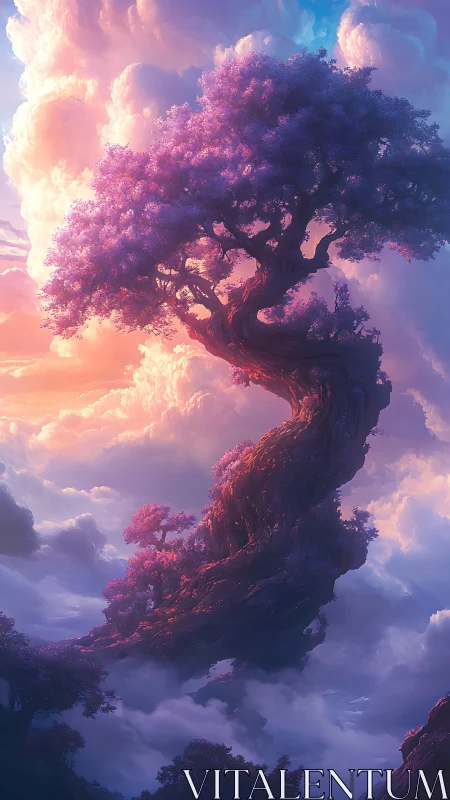 Vertical fantasy tree rising through iridescent cloud strata.