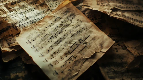 Timeworn sheet music scattered in warm dramatic light.