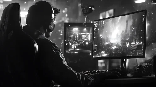 Late-night gamer lost in a glowing monochrome cityscape.