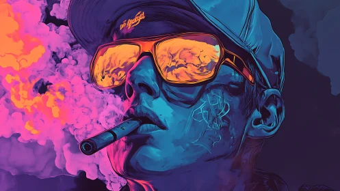 Neon-lit vape user exhales vivid cyberpunk smoke clouds.