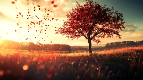 Digital painting of autumn tree in luminous sunset fieldscape.