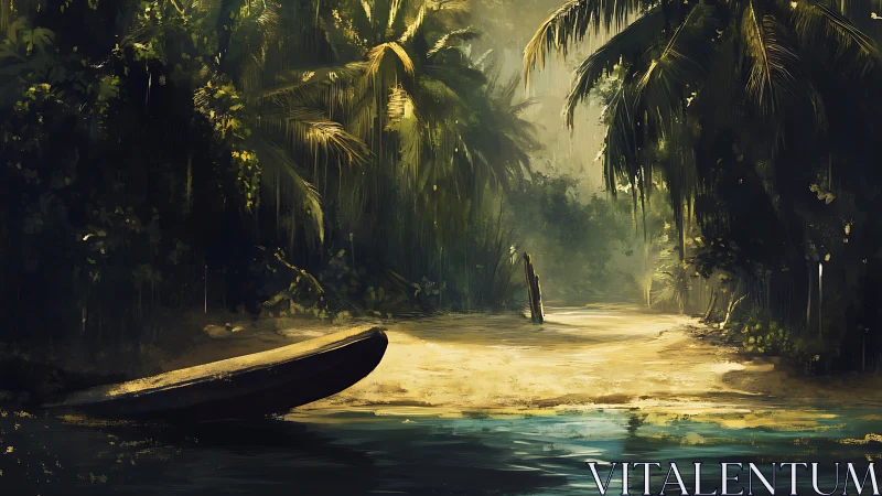 Tropical Waterway at Dawn. Moored Boat, Palm-Lined Lagoon.