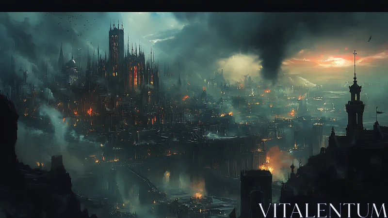 Brooding fantasy city glowing through storm and distant fires.