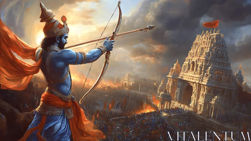 Sky-burnished warrior draws destiny’s bow over blazing temple