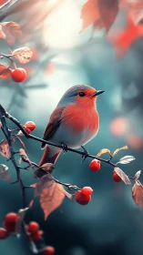 Scarlet songbird on berry branch in ethereal teal light.