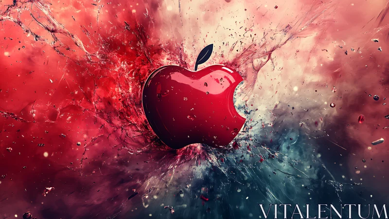Glossy red apple emblem amid high-energy liquid explosion field