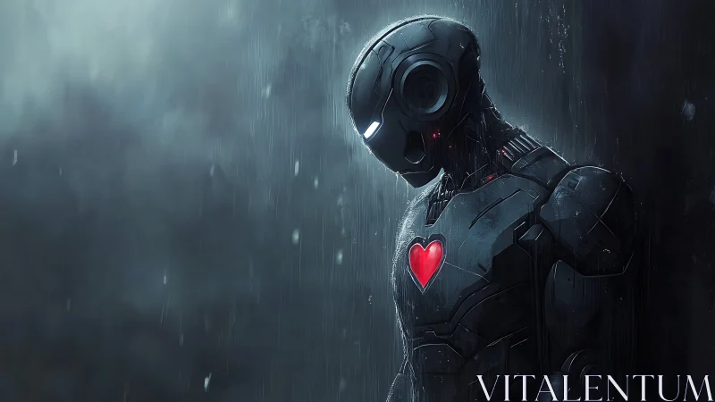 Humanoid robot in rainfall with illuminated red heart emblem.
