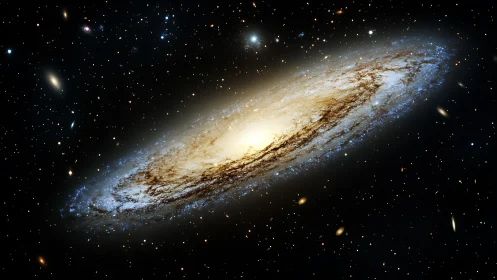 Starlit spiral galaxy drifts through ink-black cosmic sea.