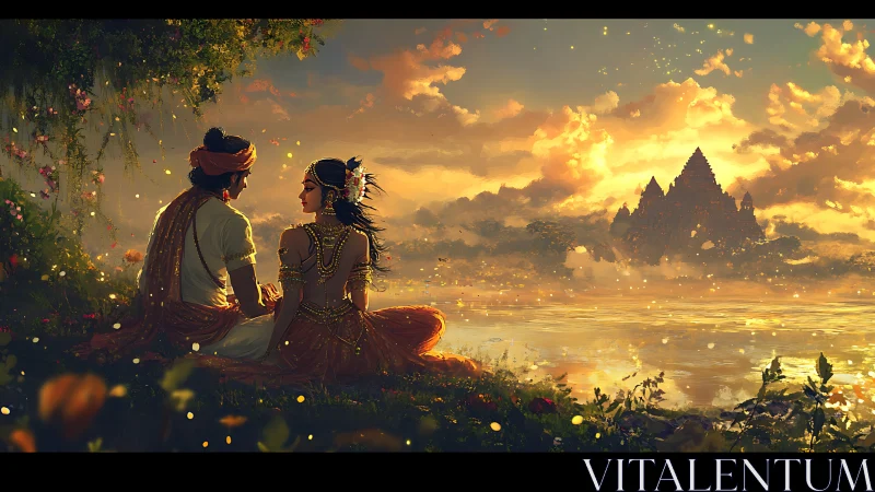 Sunset river scene with couple and distant temple view.