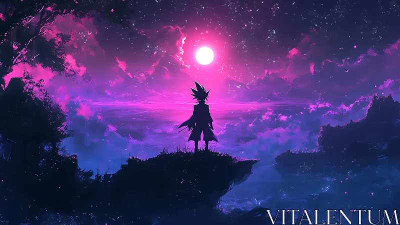 Celestial silhouette on violet nebula sea at lunar perigee.