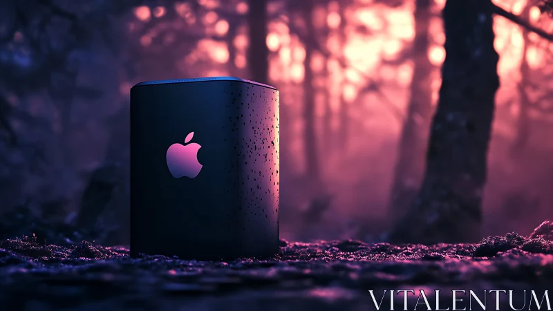 Sleek tech tower glows in misty neon forest dusk scene.