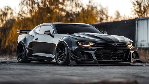 Widebody black Camaro rests low on empty industrial lot