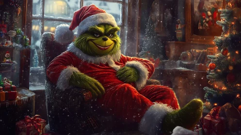Grinch in red Santa suit lounges in glowing Christmas room.