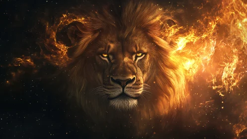 High-contrast lion portrait emerging from volumetric fire field
