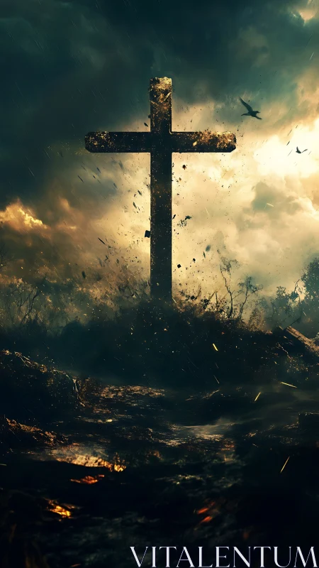 Weathered wooden cross in stormy cinematic wasteland sky