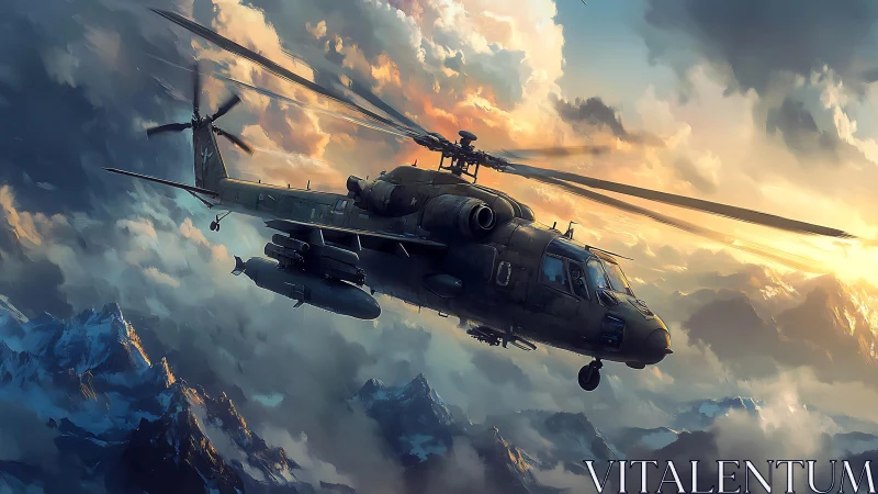 Attack helicopter banking through stratified alpine stormlight.