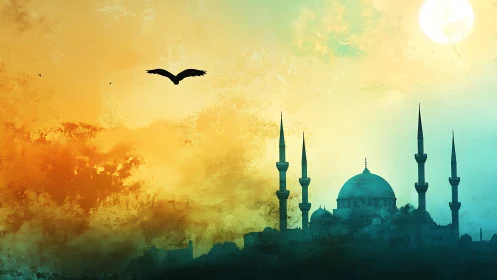 Soaring bird glides above a dreamy skyline at sunset