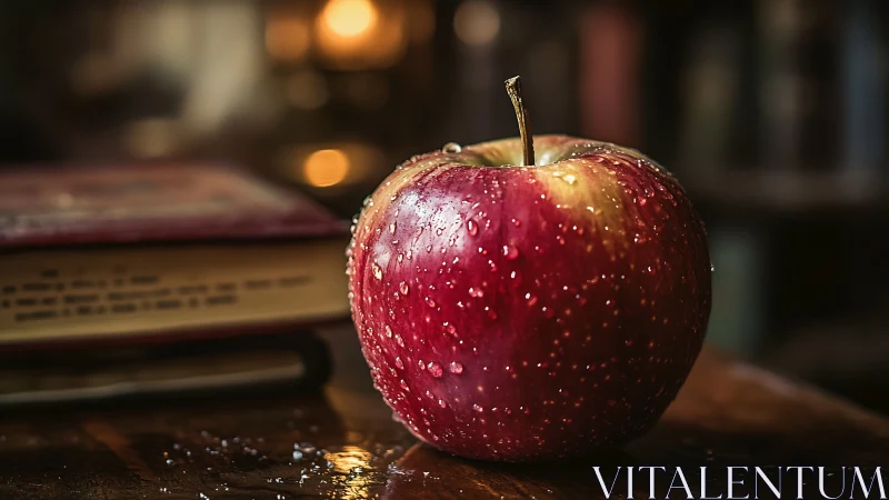 Story-soaked red apple gleaming beside a worn book.