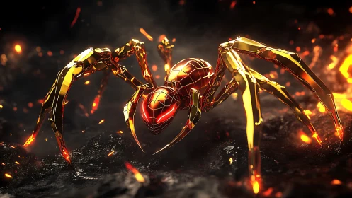 Gleaming lava spider prowling through molten midnight heat.