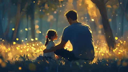 Luminous Forest Embrace: Adult and Child Silhouettes in Golden Bokeh Ambiance