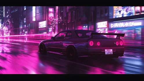 Neon-lit street racer glides through a vibrant night city