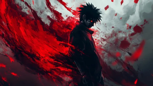 Brooding anime hero wrapped in a storm of fiery crimson power.