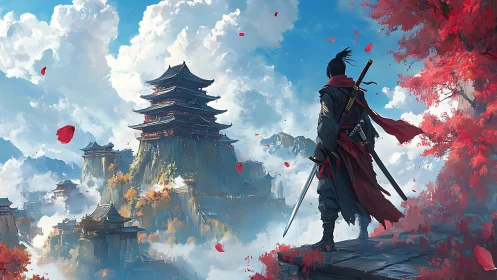 Scarlet samurai gazes over skybound pagoda kingdom.
