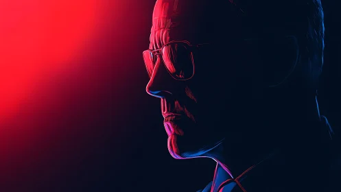 Thoughtful neon silhouette in glowing red and blue light.