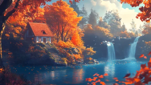 Cozy autumn cottage by a tranquil lake and waterfall glow.