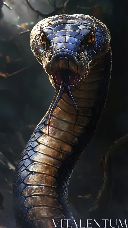 Striking cobra rises from shadowed forest in vivid detail