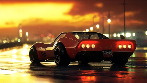 Rain-slicked crimson classic hums against a molten sunset