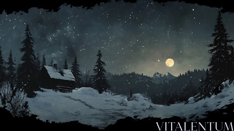 Moonlit winter cabin under star-filled alpine night sky.