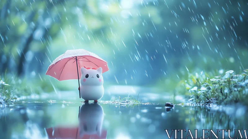 Puddle-walking kitty charm under a sugar-pink umbrella.