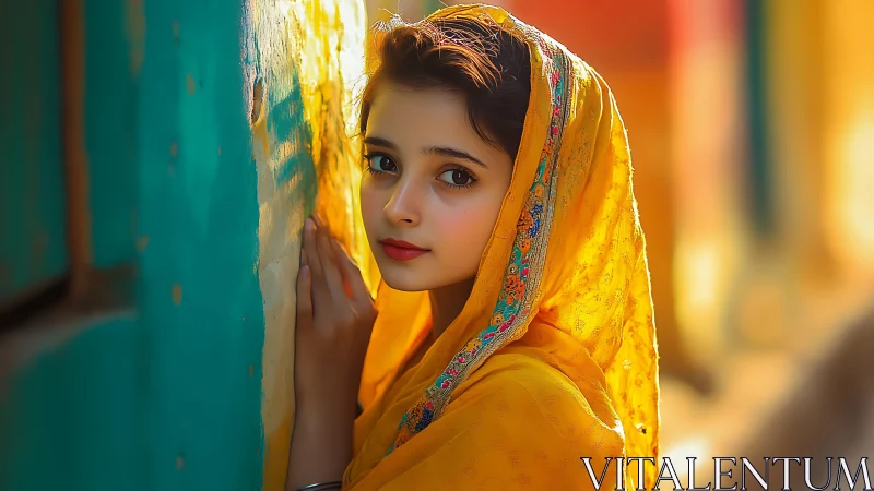 Golden shawl portrait beside teal textured wall in sun.