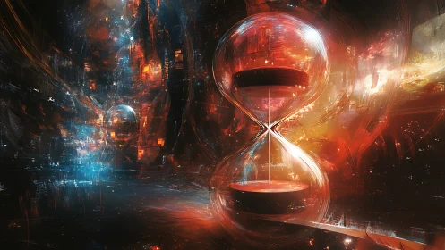 Futuristic hourglass distorts neon city in molten light.