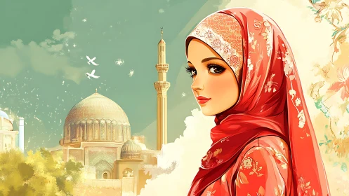 Elegant woman in red hijab with mosque background, digital art style.