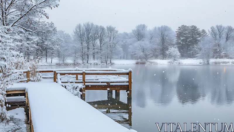 Snow-laden lakeside pier under diffuse winter atmospheric optics.