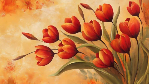Sunlit orange tulips dancing on a warm painted breeze.