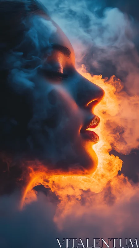 Fire-kissed profile drifting through dream-blue smoke.