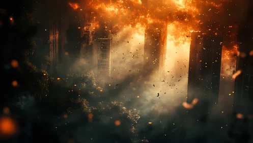 Urban Inferno: Dystopian Skyline Erupts in Cascading Flame.