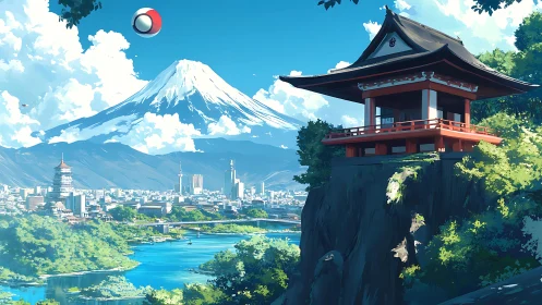 Serene temple overlooks a vibrant city beneath snowy peaks