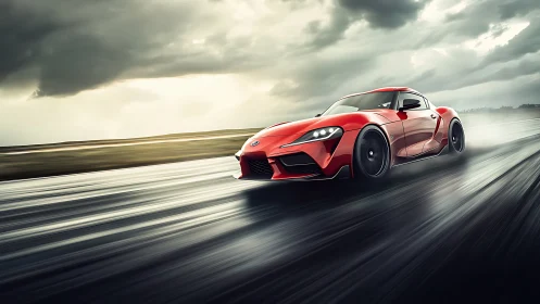 Red sports car slices through a rain-soaked track at speed