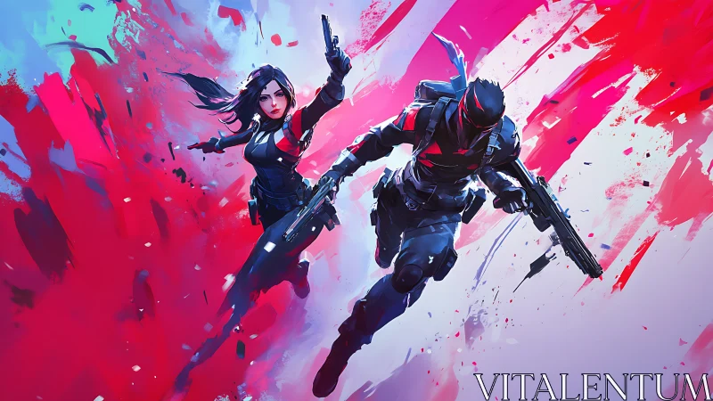 Cyber agents sprint through neon battlefield abstraction.