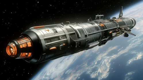 Orbiting midnight freighter hums above electric-blue Earth.