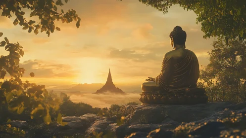 Golden Buddha contemplates a serene sunrise above temples.