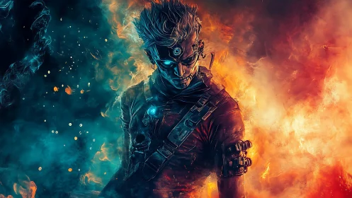 Cybernetic warrior divides elemental fire and smoke.